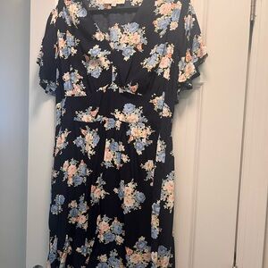LOFT Navy Flutter Sleeve V-Neck Sundress with flowers